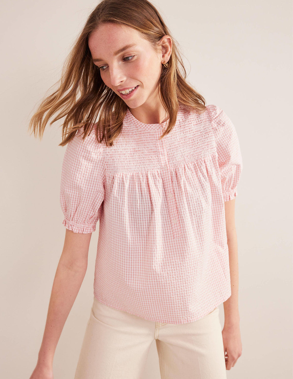 Puff Sleeve Seersucker Popover-Dahlia Pink Gingham-1