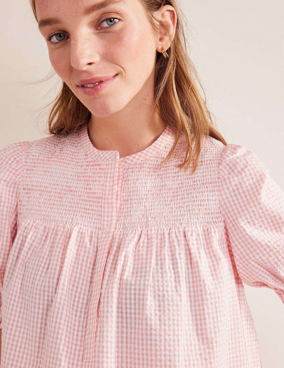 Puff Sleeve Seersucker Popover-Dahlia Pink Gingham-2