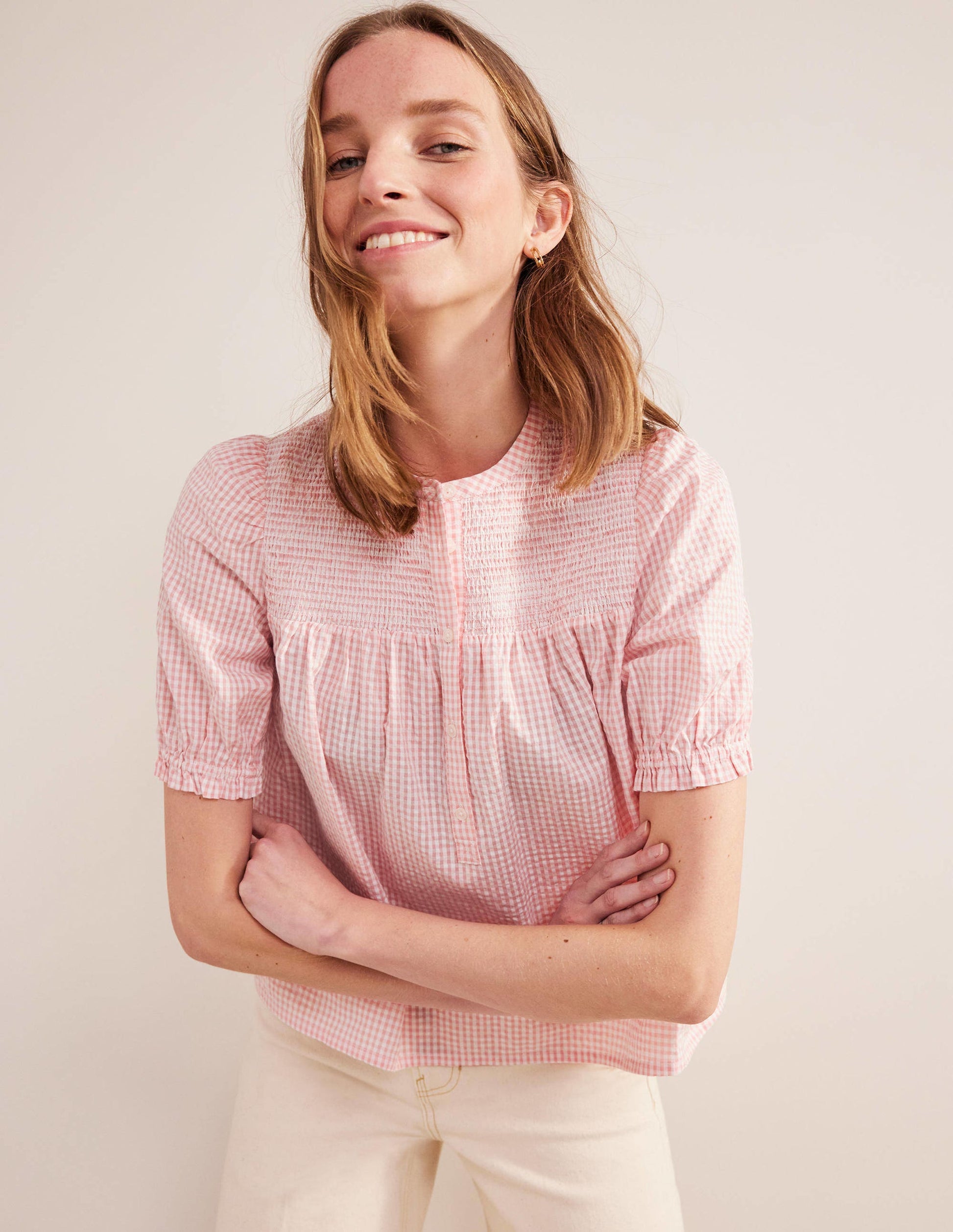 Puff Sleeve Seersucker Popover-Dahlia Pink Gingham-4