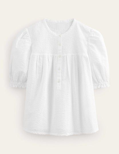 Puff Sleeve Seersucker Popover-White