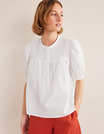 Puff Sleeve Seersucker Popover-White