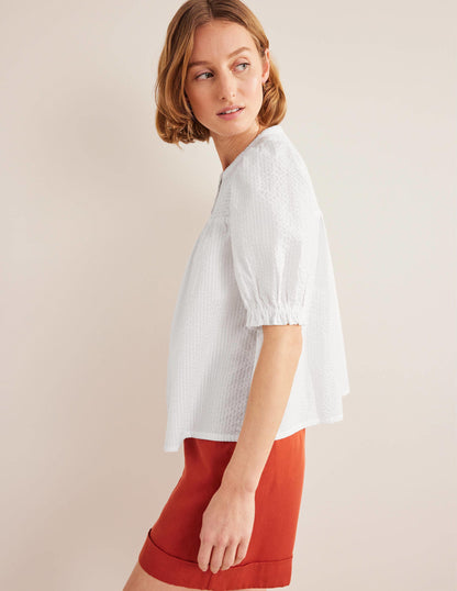 Puff Sleeve Seersucker Popover-White