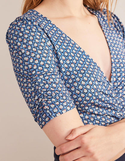 Ruched Front Printed Top-Porcelain Blue, Bloom Bud-2