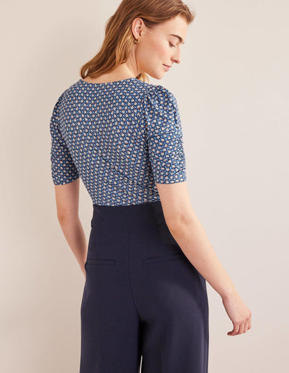 Ruched Front Printed Top-Porcelain Blue, Bloom Bud-3