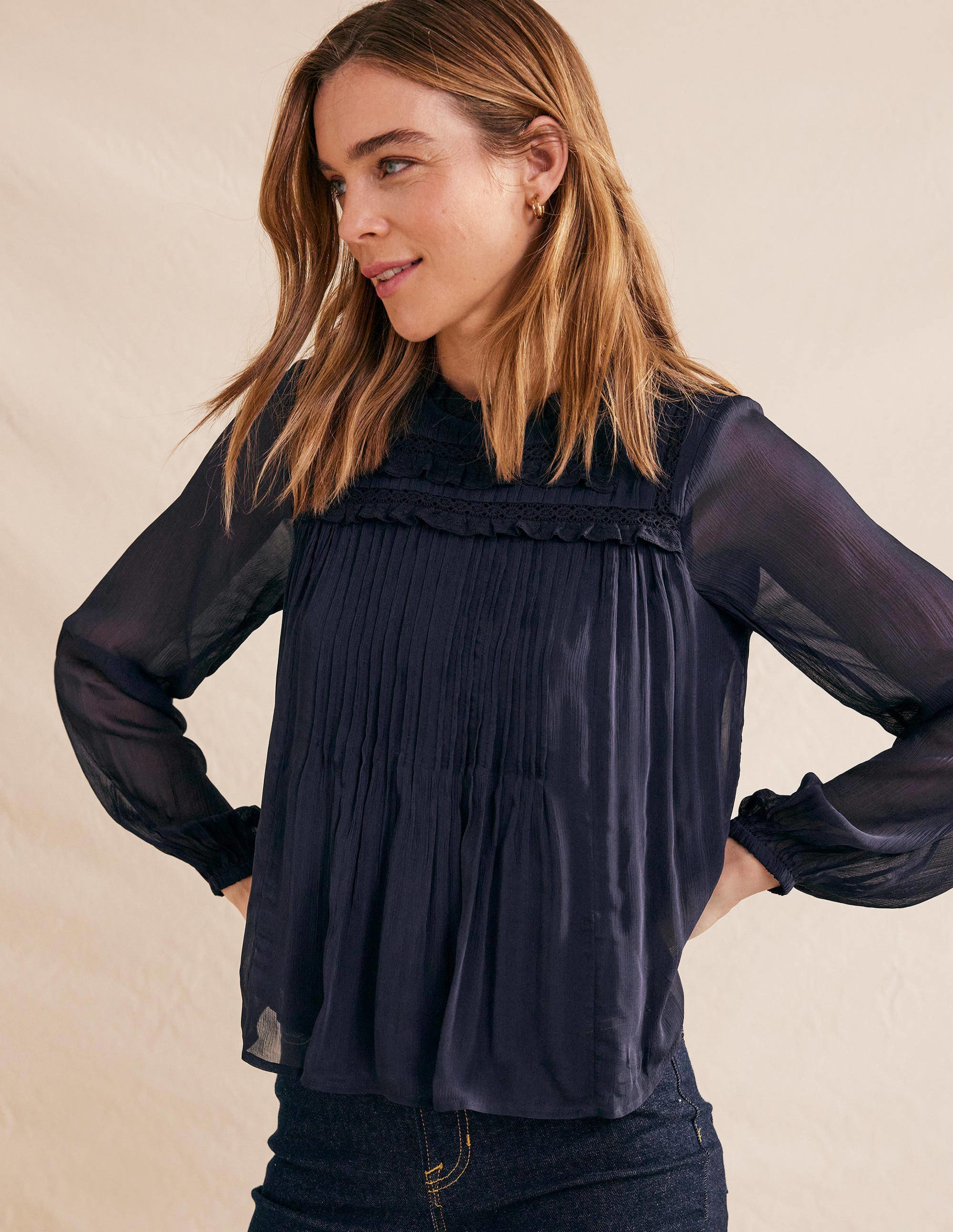 Georgette Trim Top-Navy - Image 1