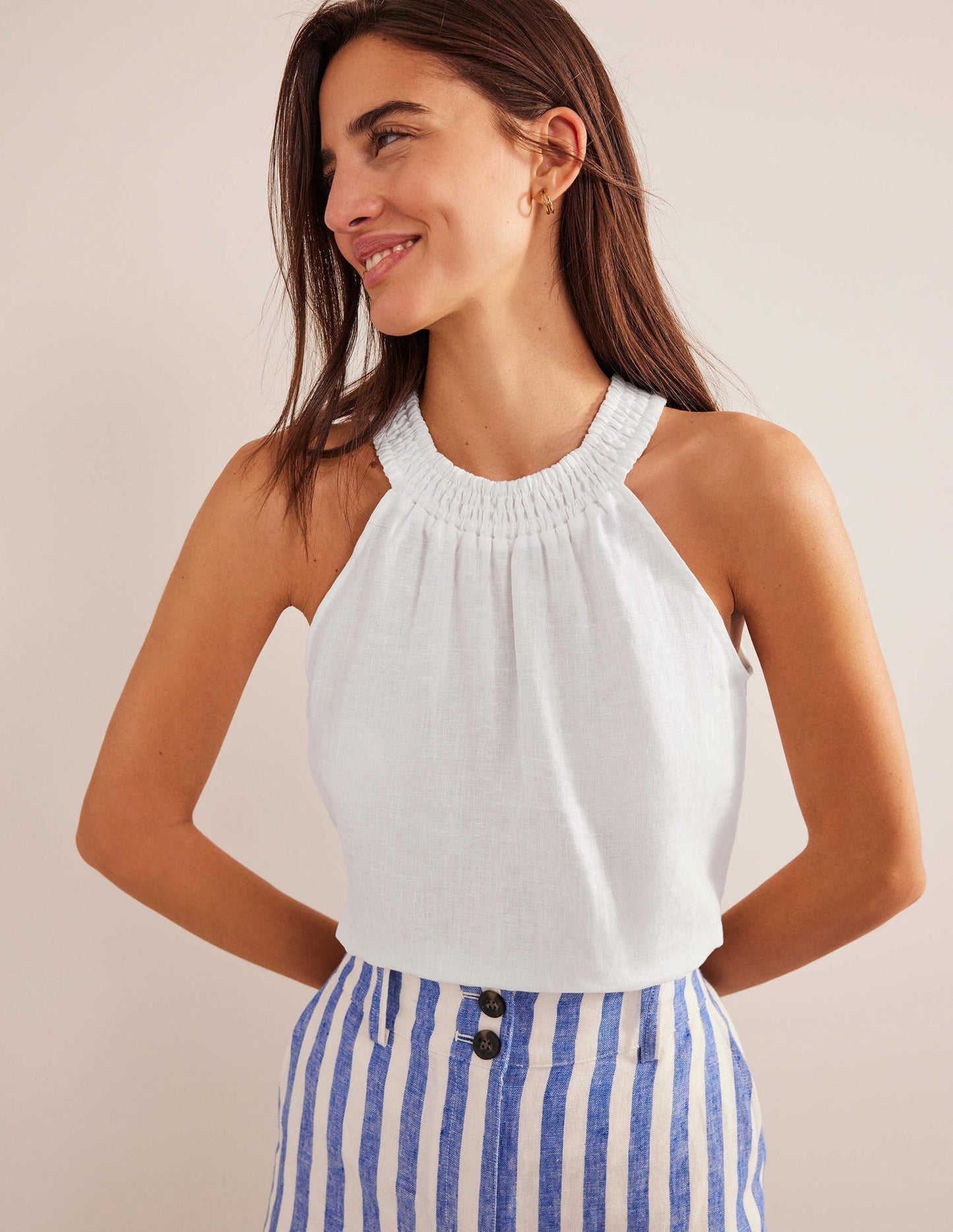 Linen Smocked Halter Top-White