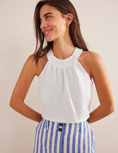 Linen Smocked Halter Top-White