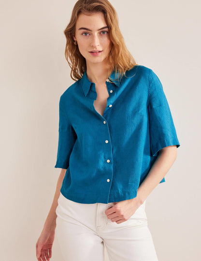 Short Sleeve Linen Shirt-Crystal Teal