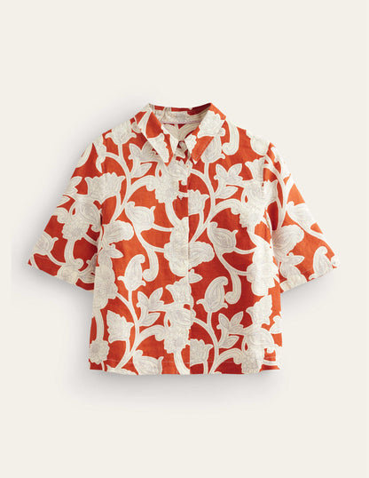 Short Sleeve Linen Shirt-Rust, Paisley Whirl