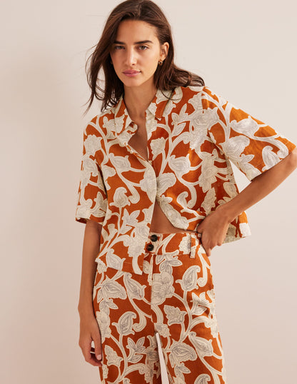 Short Sleeve Linen Shirt-Rust, Paisley Whirl