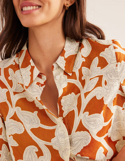 Short Sleeve Linen Shirt-Rust, Paisley Whirl