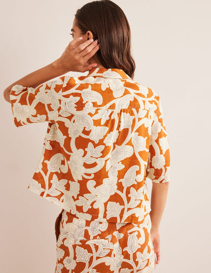 Short Sleeve Linen Shirt-Rust, Paisley Whirl