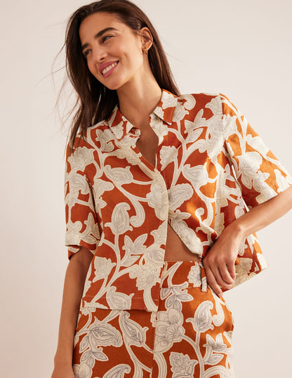 Short Sleeve Linen Shirt-Rust, Paisley Whirl