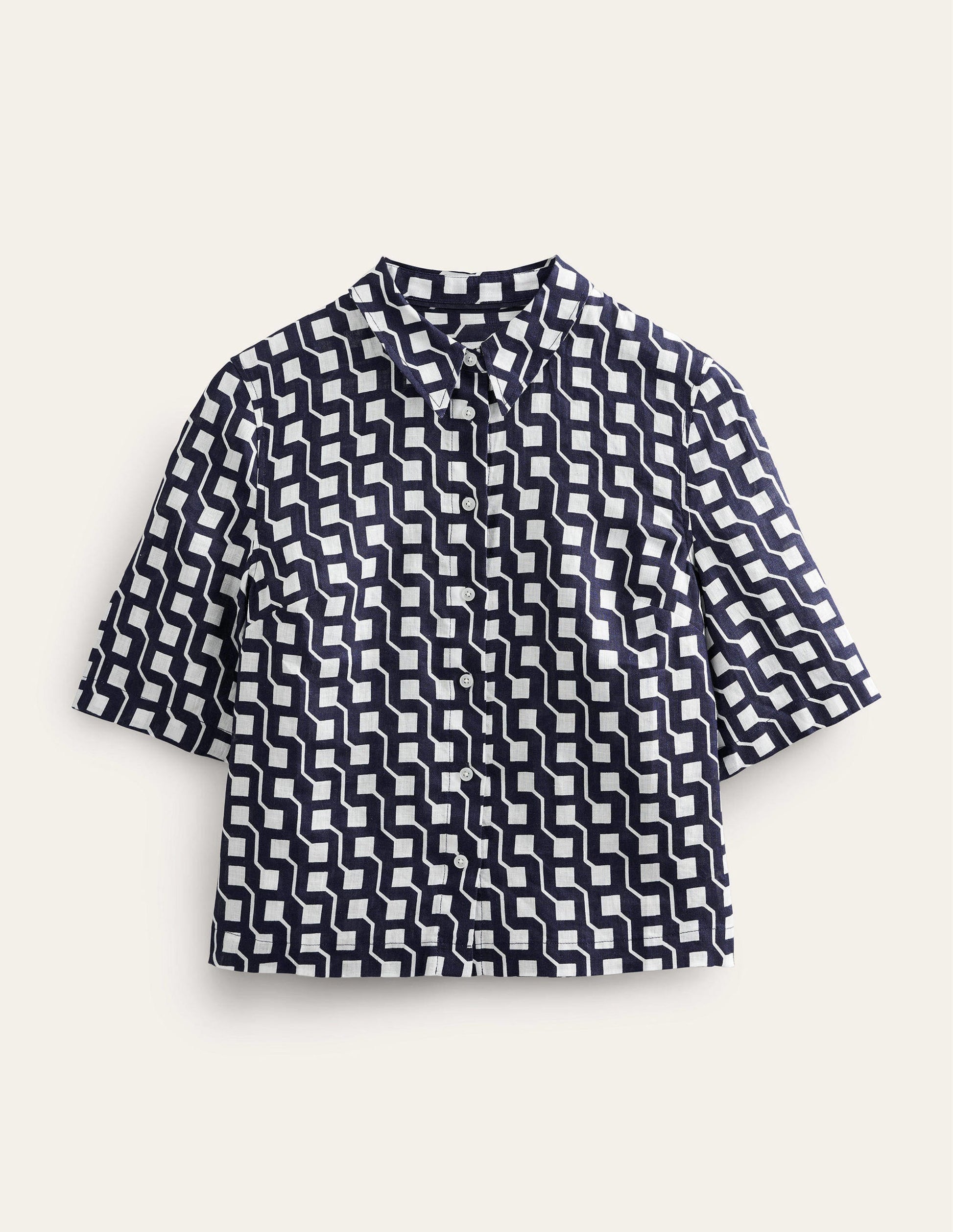 Short Sleeve Linen Shirt-French Navy, Cube Geo-6