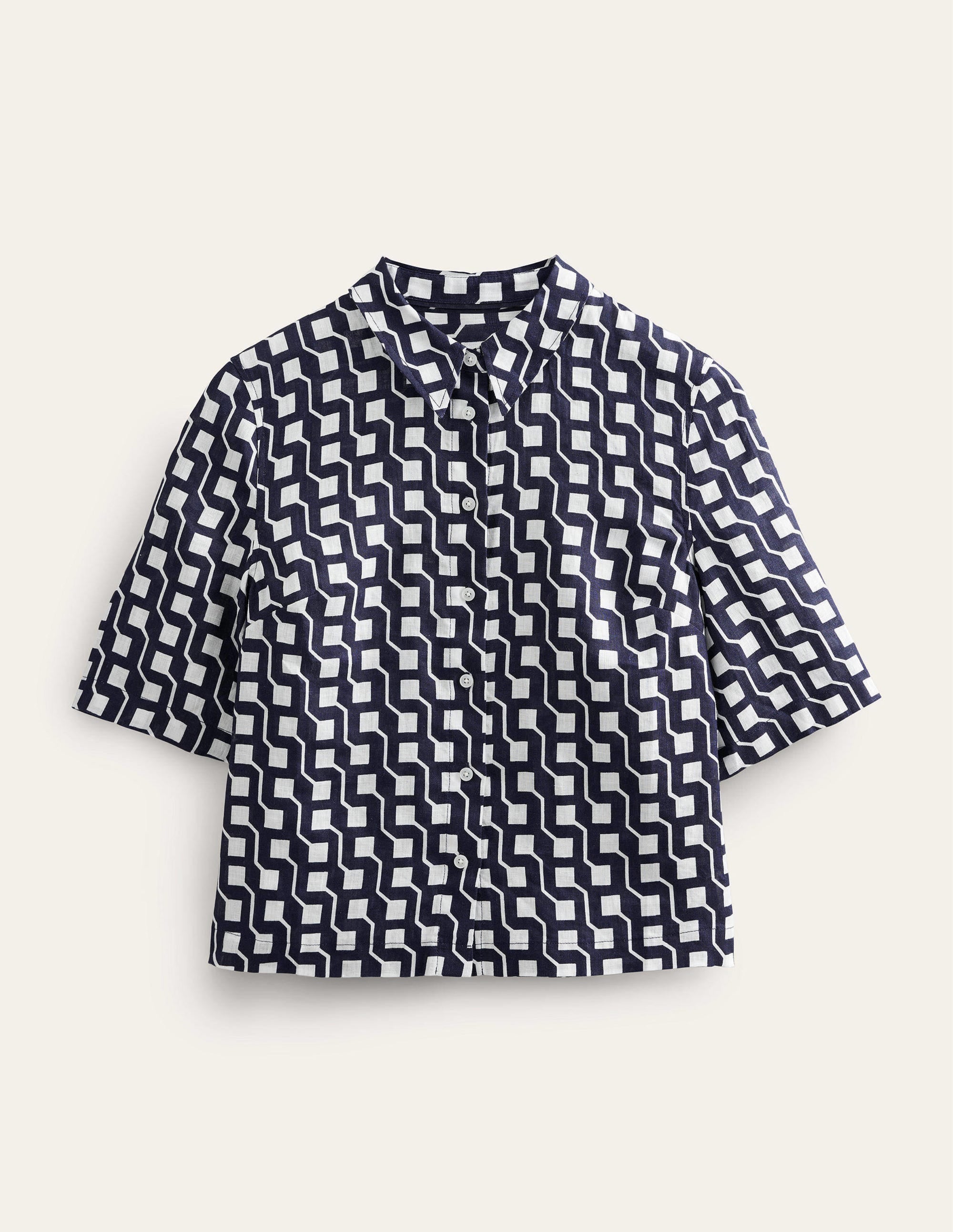 Short Sleeve Linen Shirt-French Navy, Cube Geo - Image 6