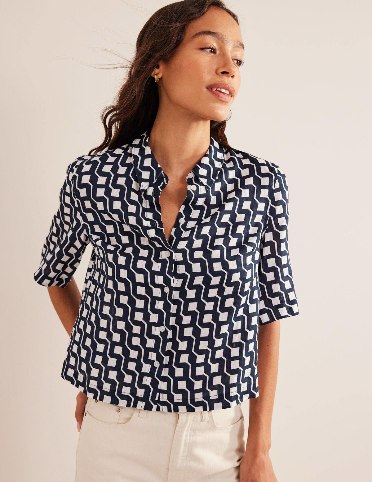 Short Sleeve Linen Shirt-French Navy, Cube Geo-1