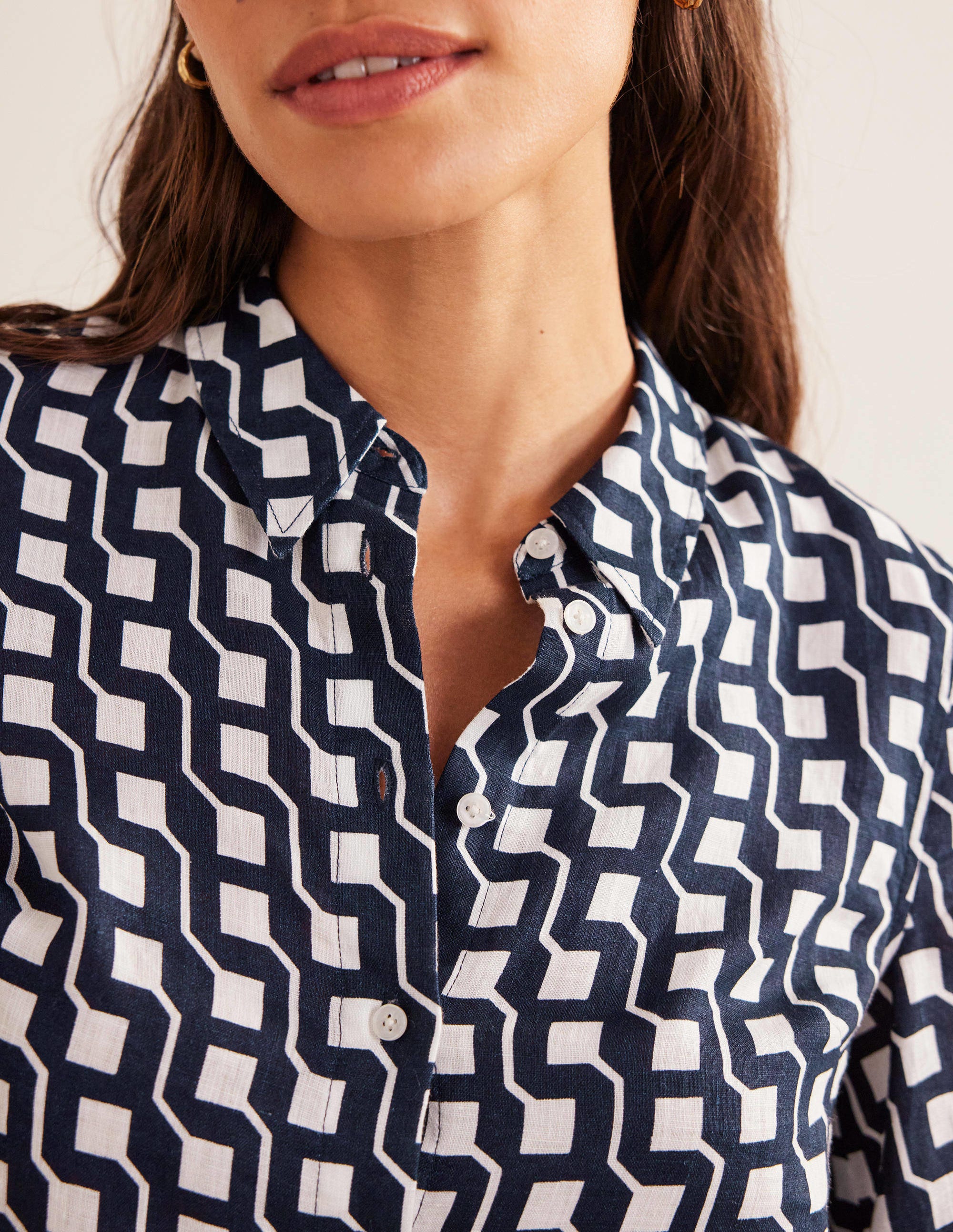 Short Sleeve Linen Shirt-French Navy, Cube Geo - Image 2