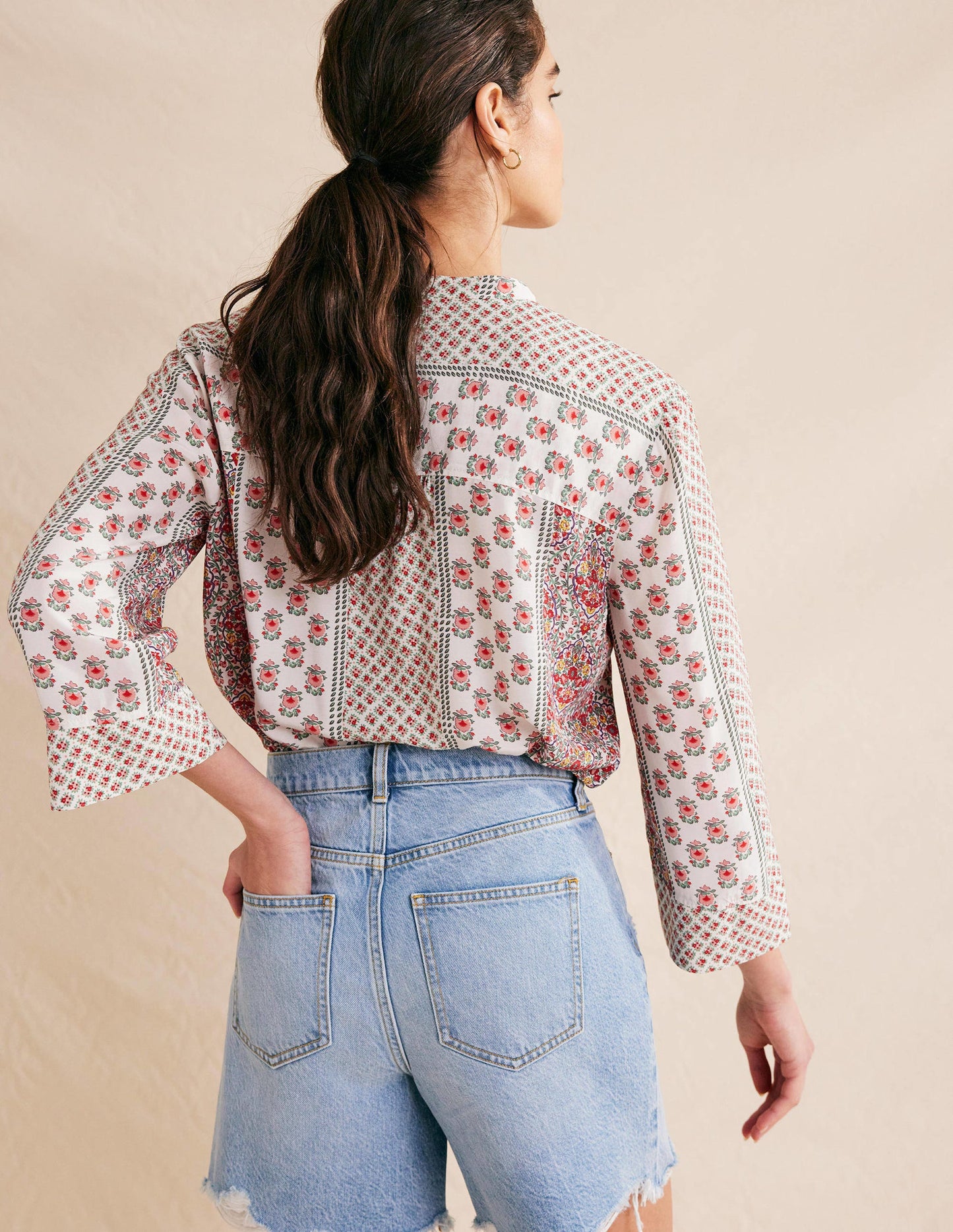 Wide Sleeve Relaxed Blouse-Rose Pink, Dainty Floret