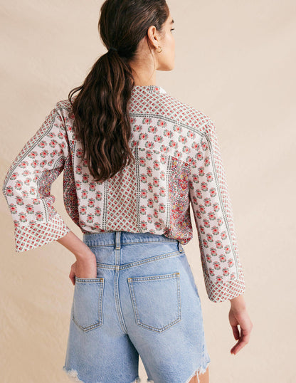 Wide Sleeve Relaxed Blouse-Rose Pink, Dainty Floret