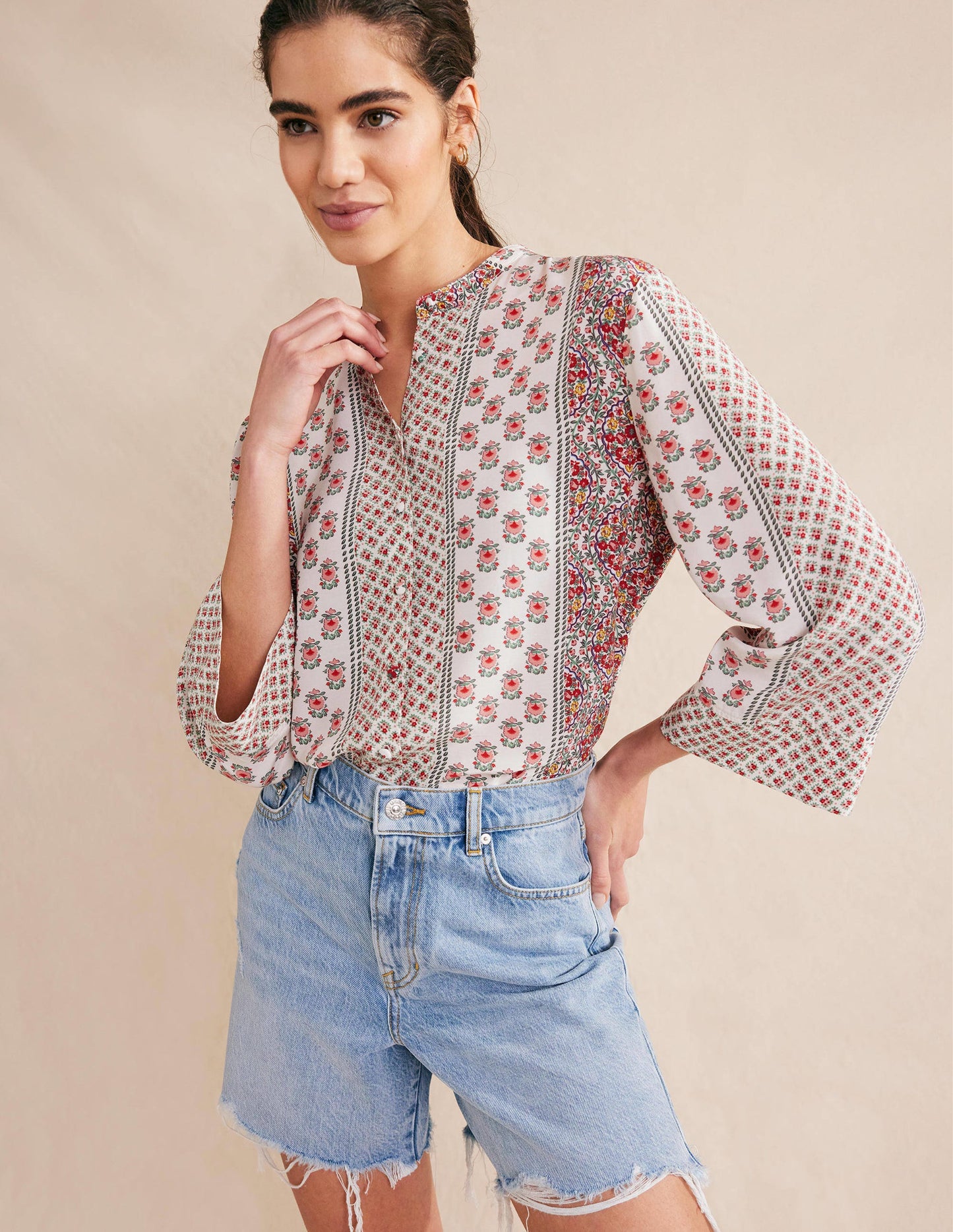 Wide Sleeve Relaxed Blouse-Rose Pink, Dainty Floret