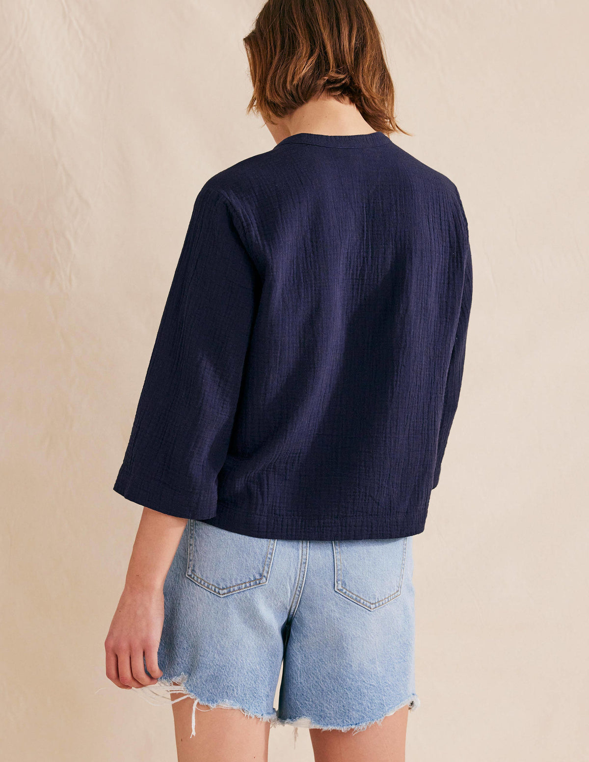 Wide Sleeve Cheesecloth Top-Navy-3