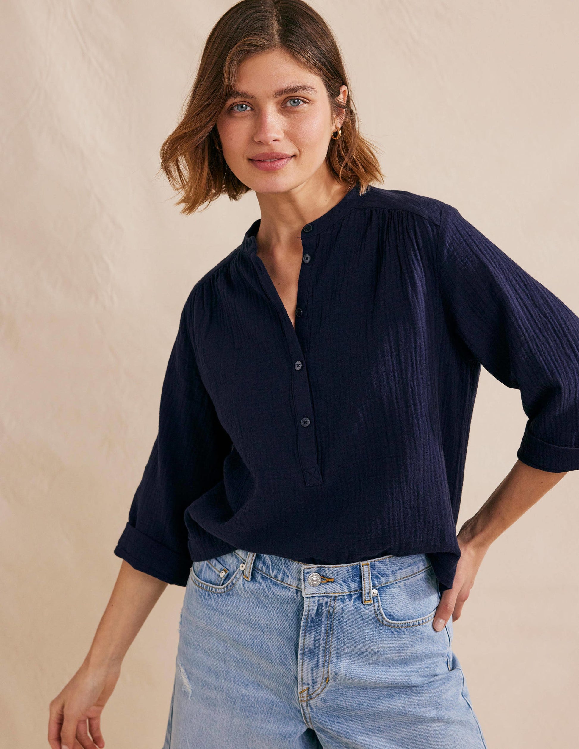 Wide Sleeve Cheesecloth Top-Navy-4