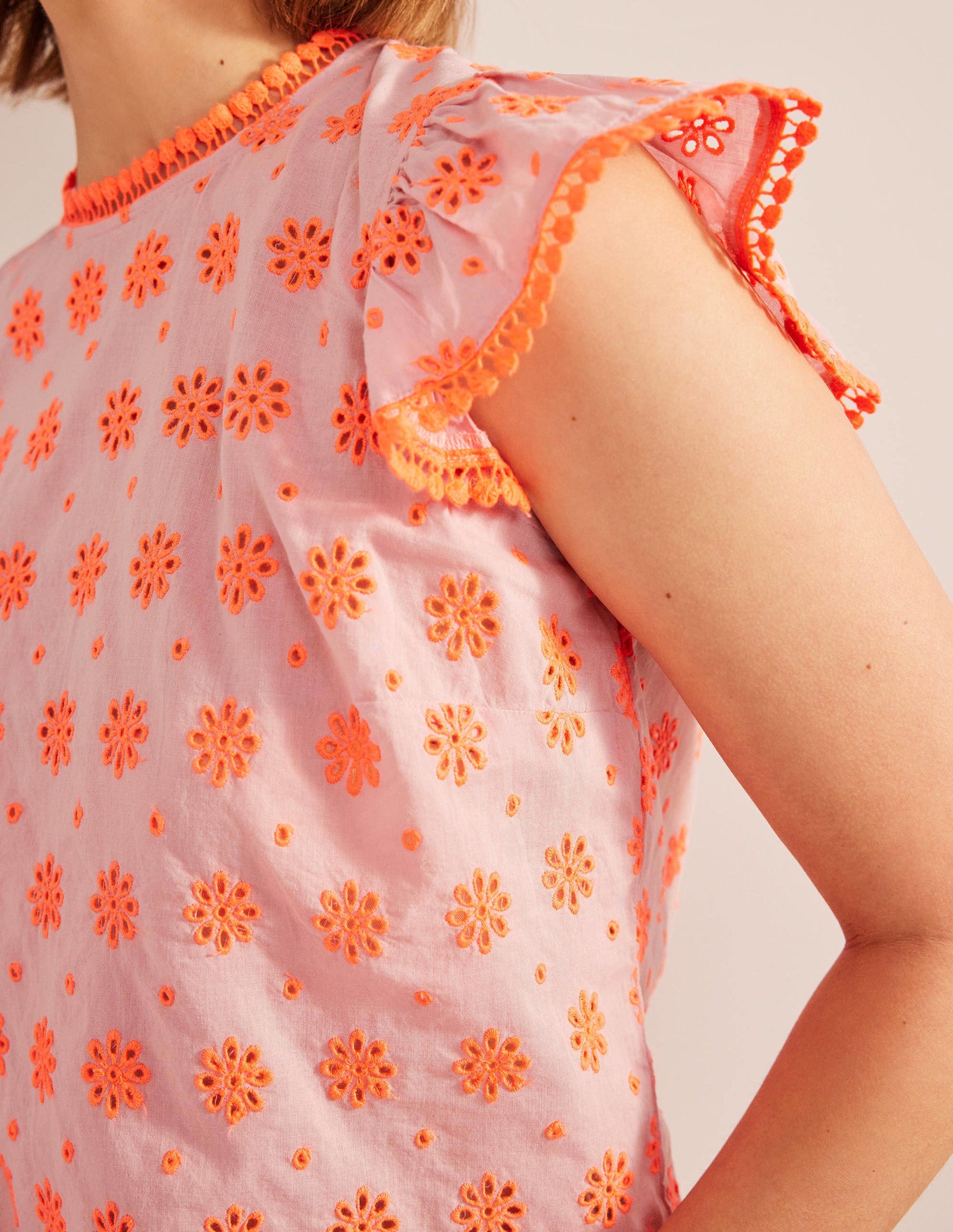 Embroidered Pom Trim Top-Watermelon Punch-2