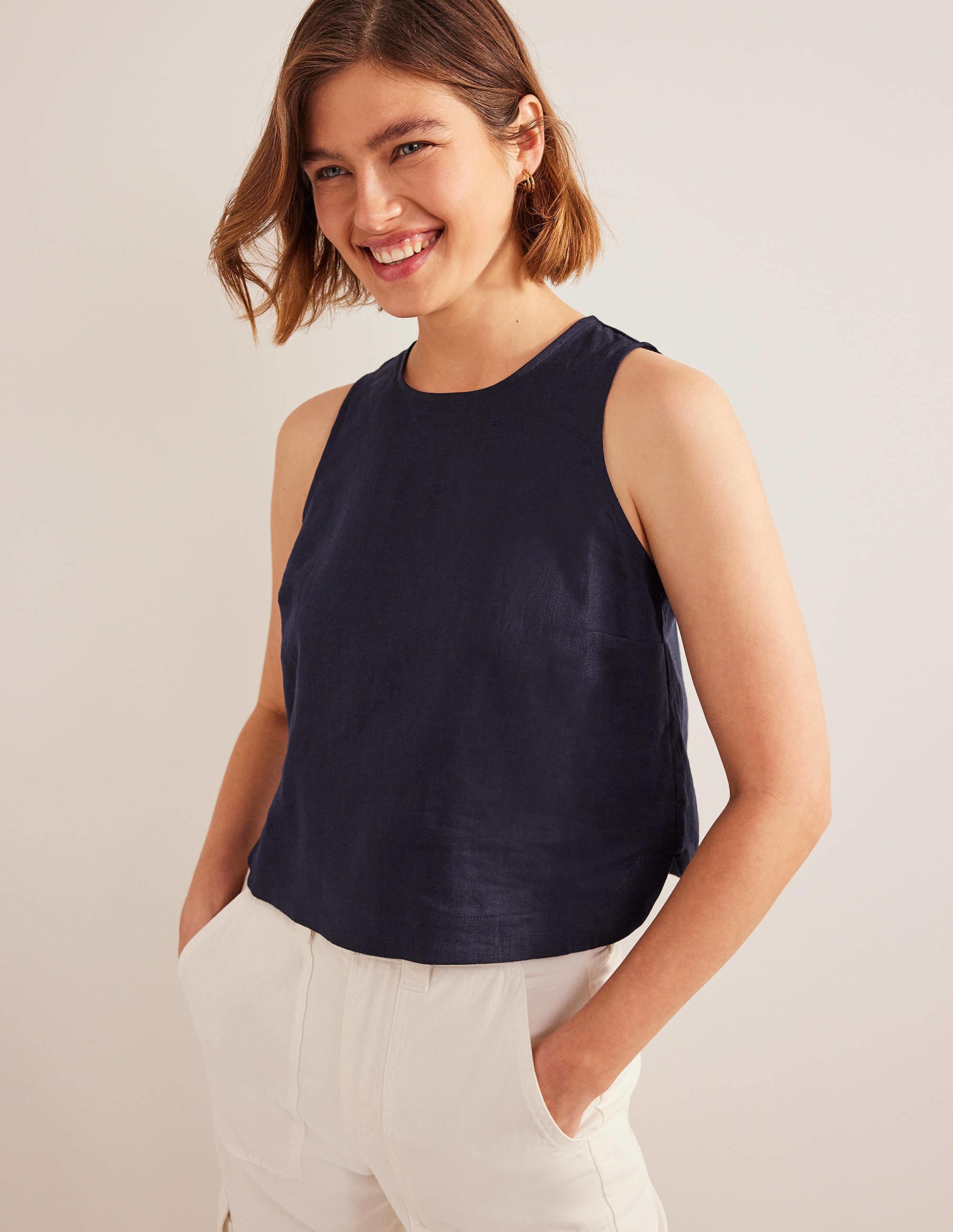 Boxy Linen Shell Top-Navy - Image 1