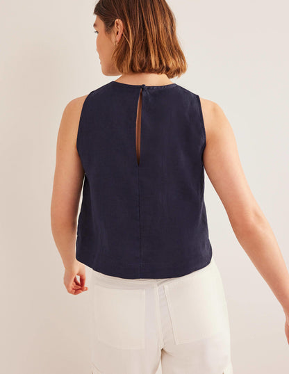 Boxy Linen Shell Top-Navy-3