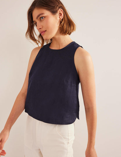 Boxy Linen Shell Top-Navy-4