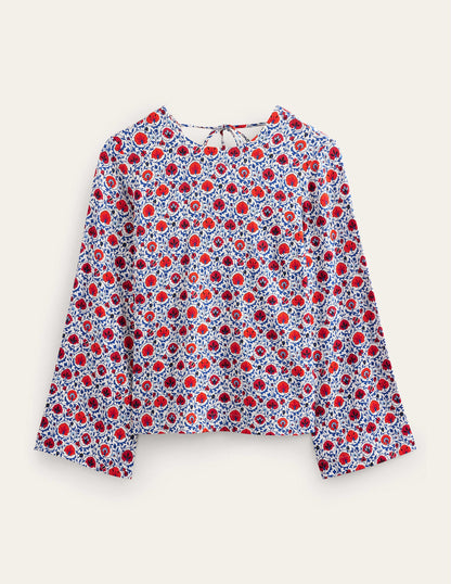 Flared Long Sleeve Top-Blue Wave, Enchanting Bloom