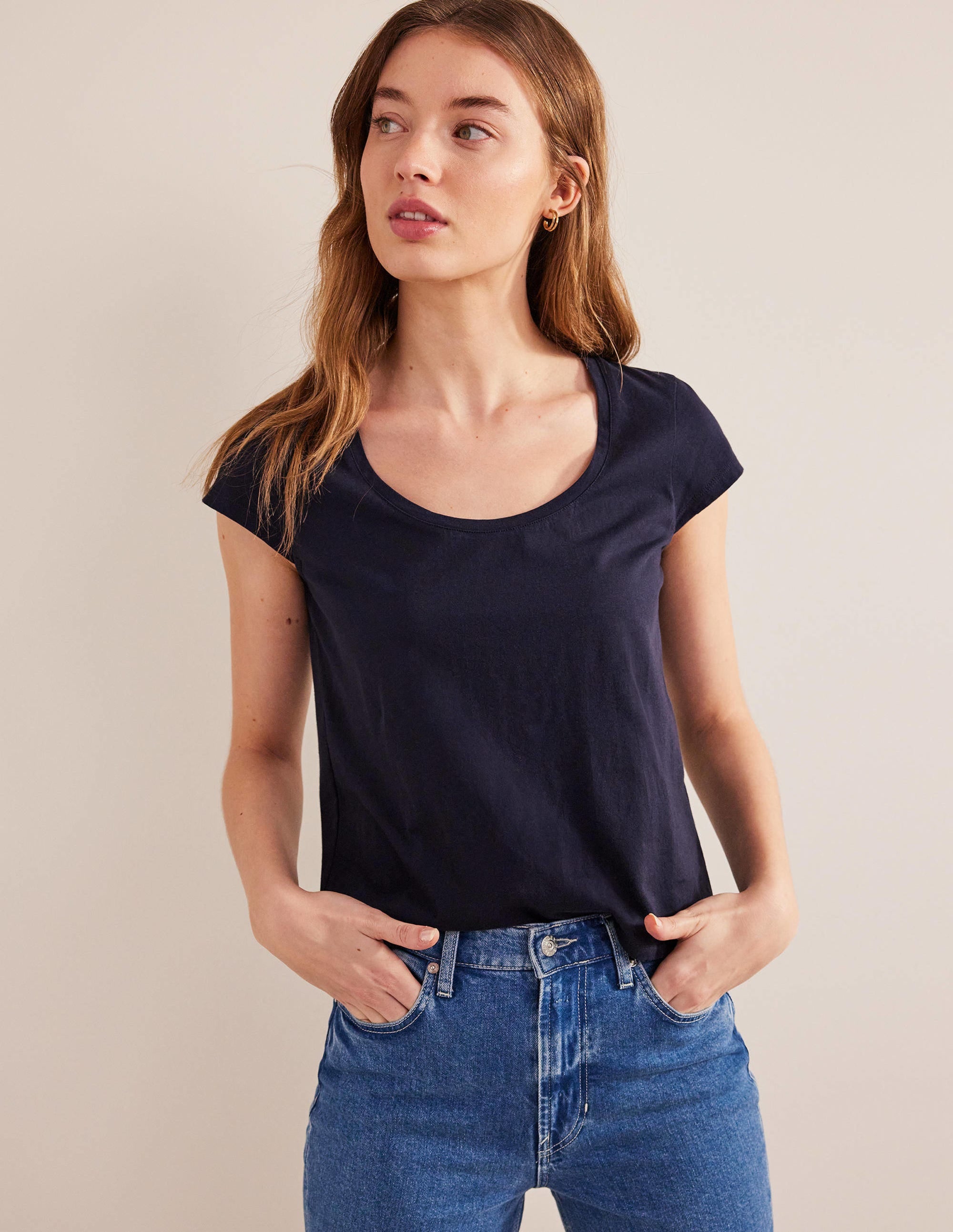 Pure Cotton Scoop Neck T-Shirt-Navy - Image 1