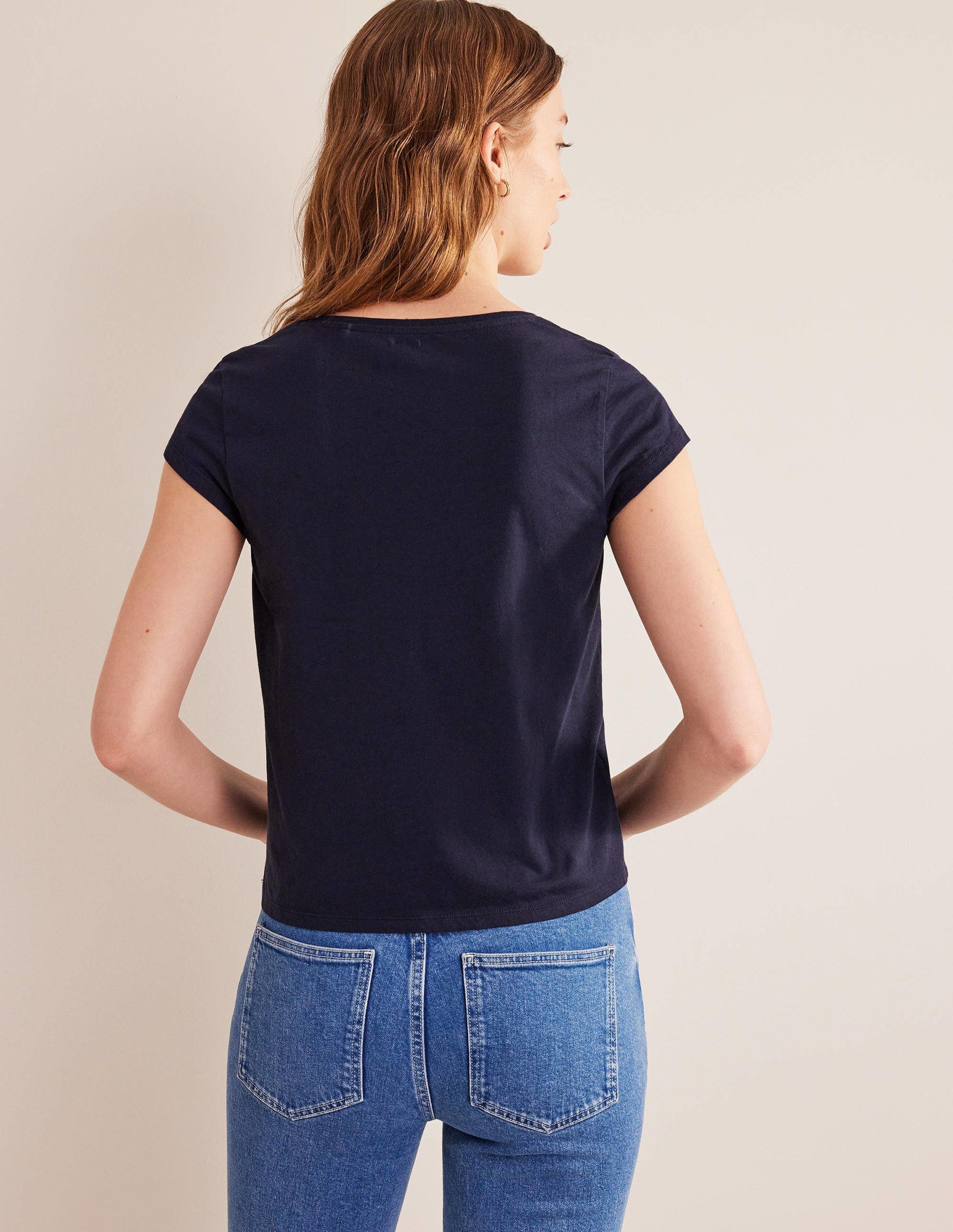 Pure Cotton Scoop Neck T-Shirt-Navy-3