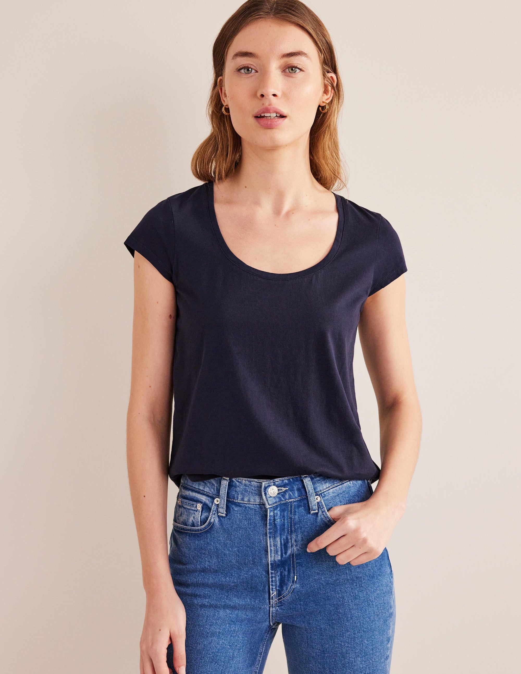 Pure Cotton Scoop Neck T-Shirt-Navy - Image 4
