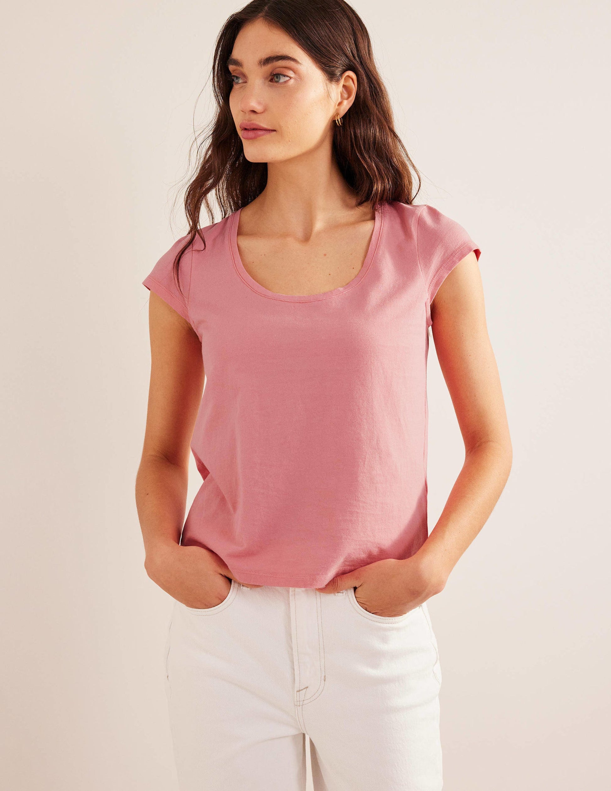 Pure Cotton Scoop Neck T-Shirt-Peach Sorbet-4