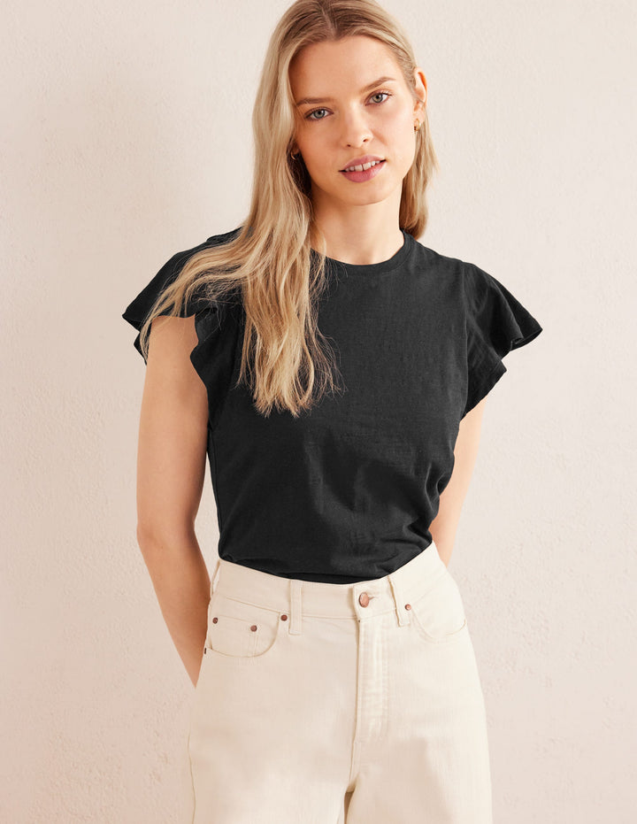 Crew Neck Flutter T-Shirt-Black
