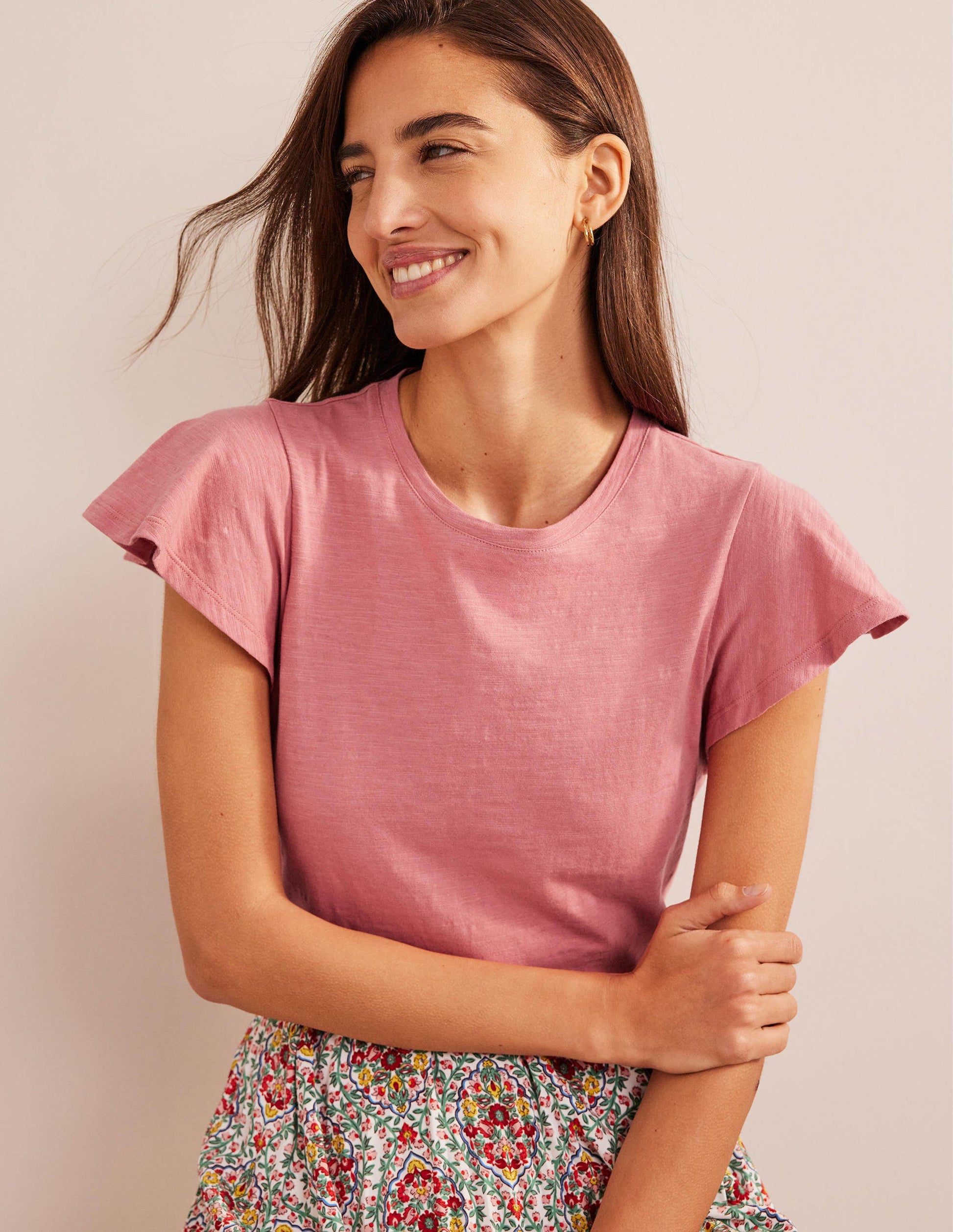 Crew Neck Flutter T-Shirt-Faded Rose-1