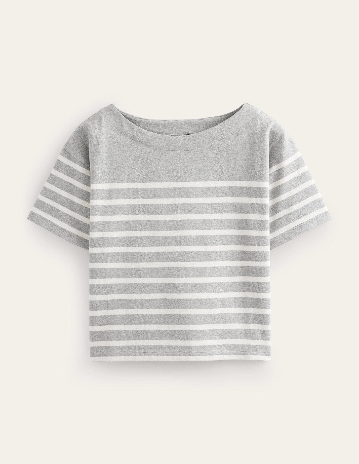Boat Neck Striped T-Shirt-Grey Marl/ Ivory Stripe