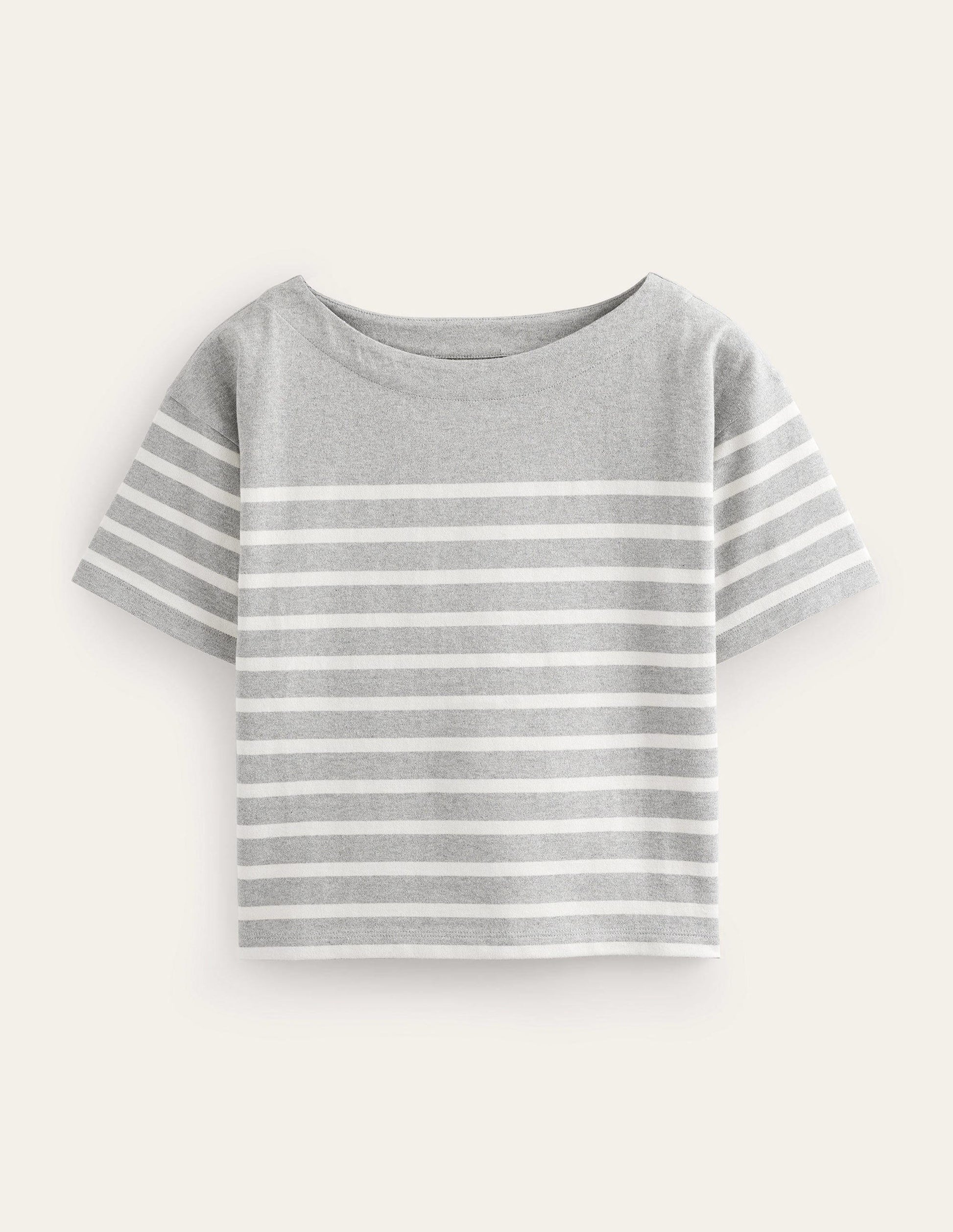 Boat Neck Striped T-Shirt-Grey Marl/ Ivory Stripe-5