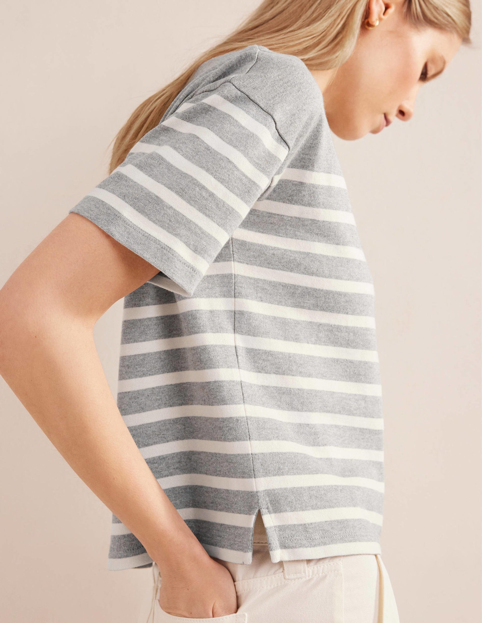 Boat Neck Striped T-Shirt-Grey Marl/ Ivory Stripe-2