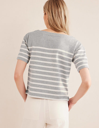 Boat Neck Striped T-Shirt-Grey Marl/ Ivory Stripe-3