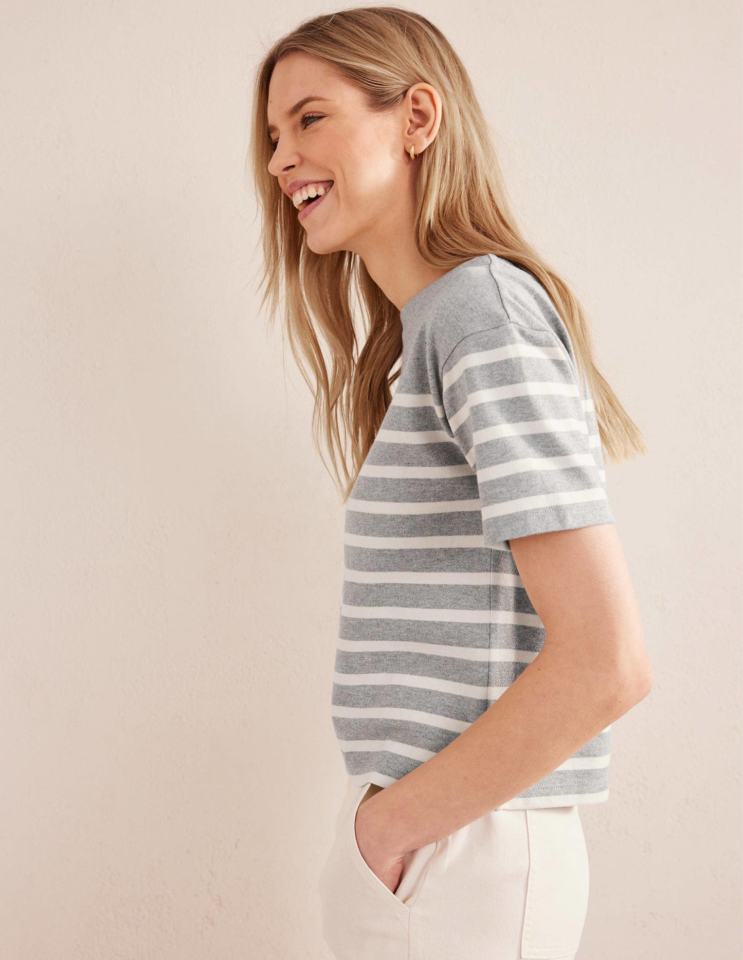 Boat Neck Striped T-Shirt-Grey Marl/ Ivory Stripe
