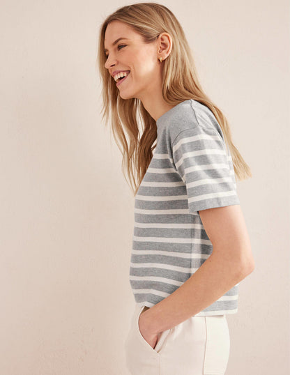 Boat Neck Striped T-Shirt-Grey Marl/ Ivory Stripe-4