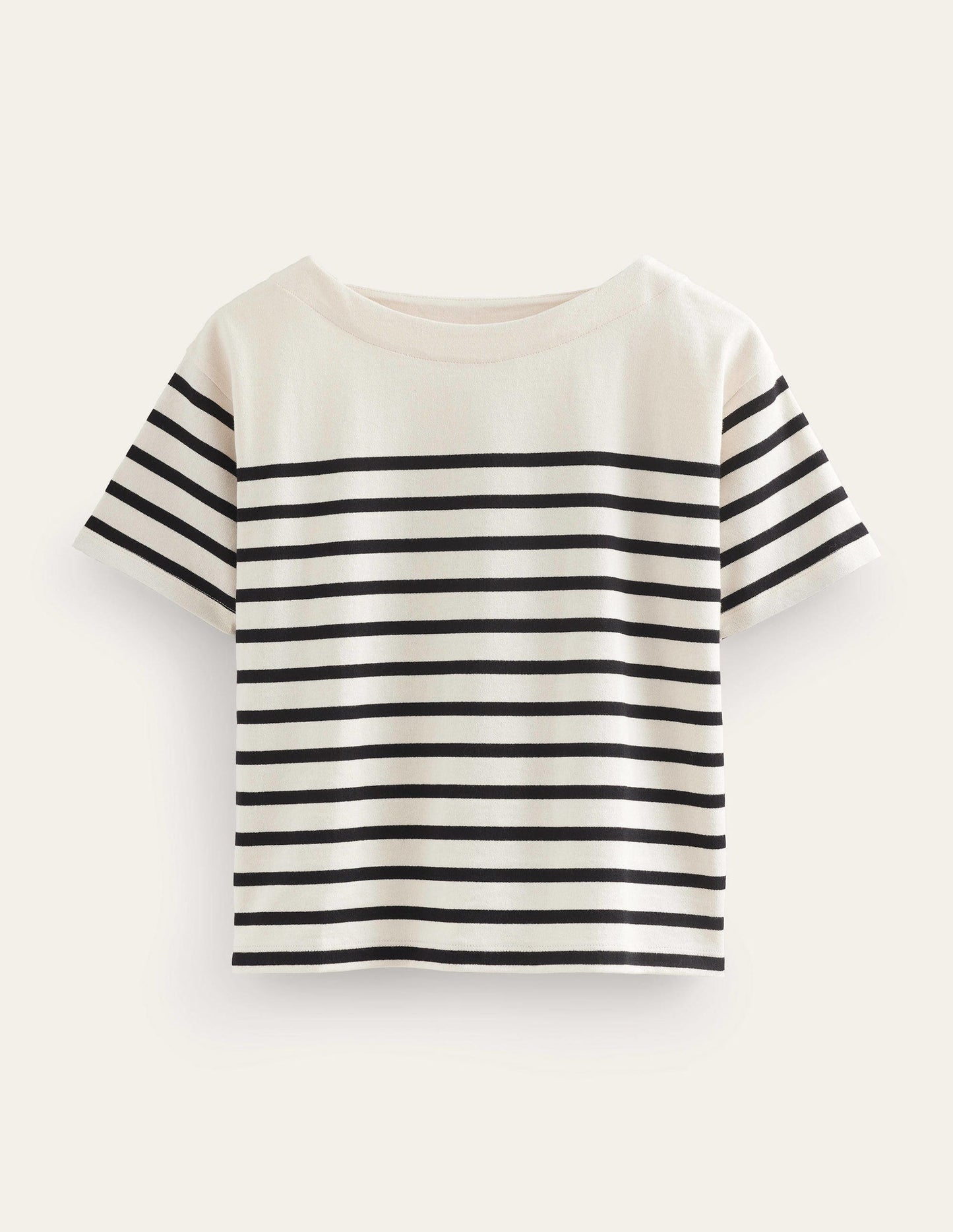 Boat Neck Striped T-Shirt-Ivory/Black Stripe