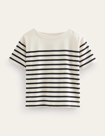 Boat Neck Striped T-Shirt-Ivory/Black Stripe-5