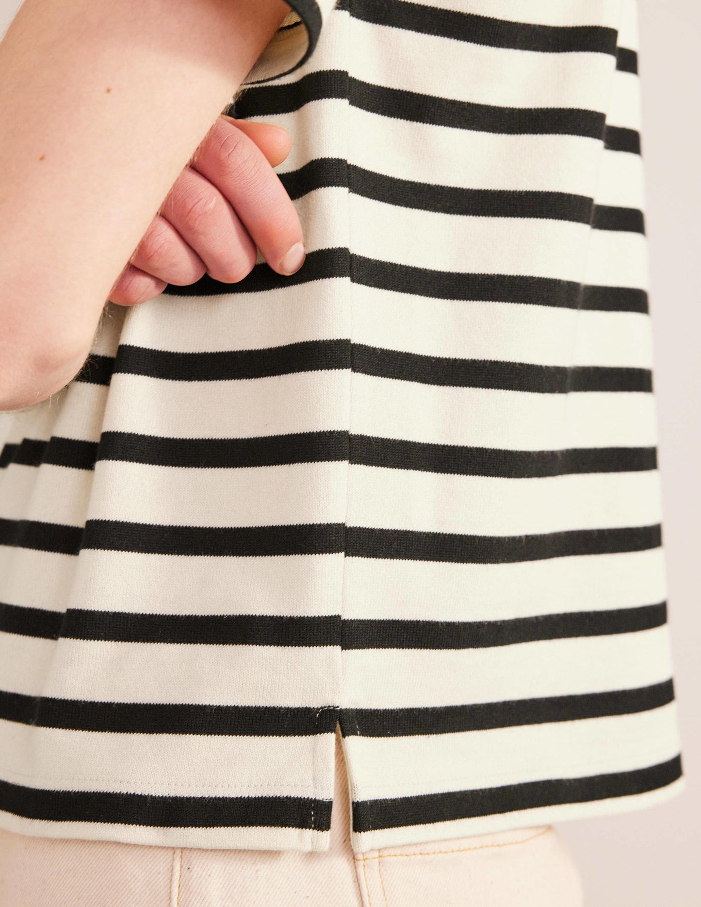 Boat Neck Striped T-Shirt-Ivory/Black Stripe