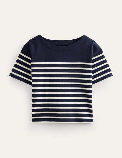 Boat Neck Striped T-Shirt-Navy/Ivory Stripe-6