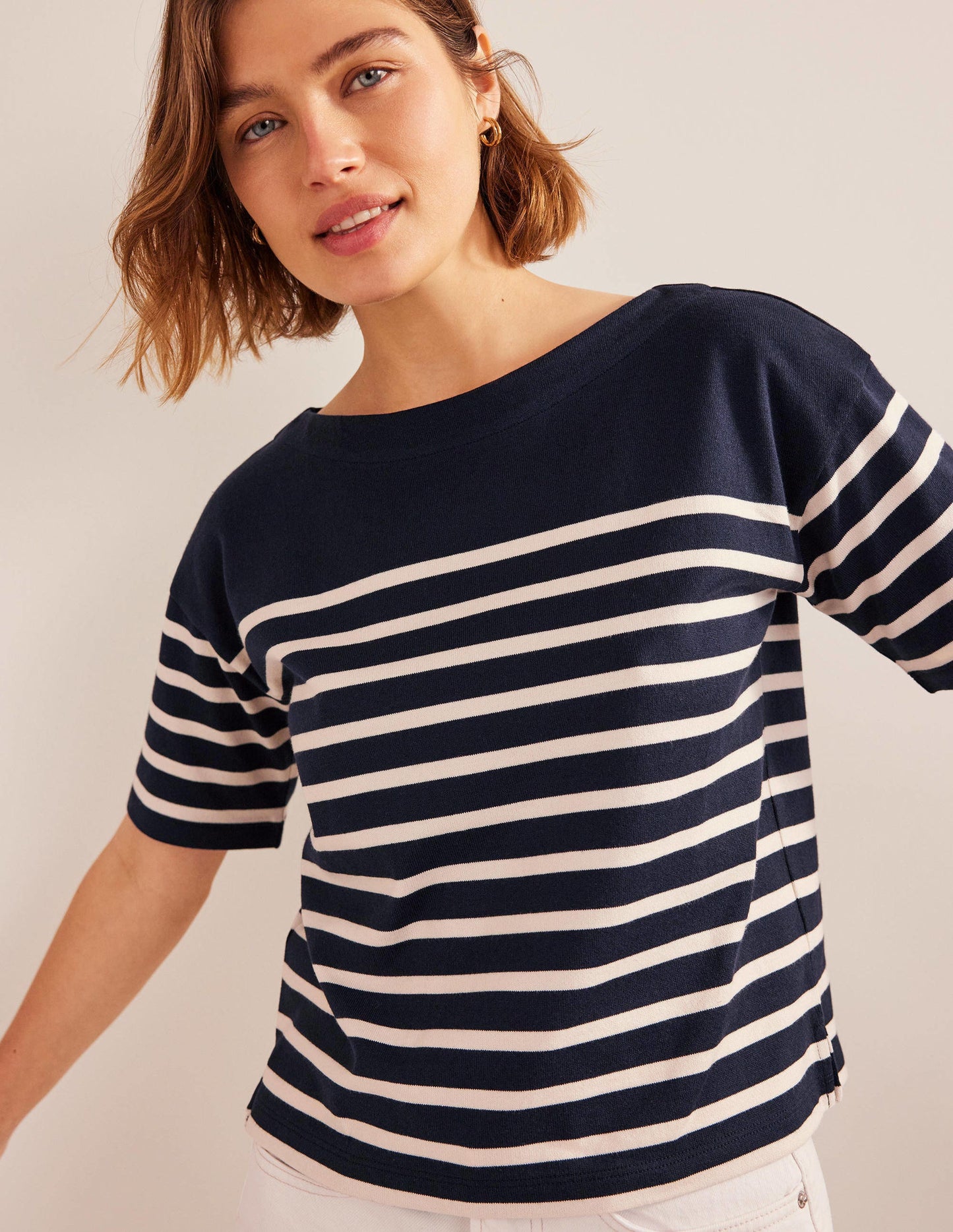 Boat Neck Striped T-Shirt-Navy/Ivory Stripe