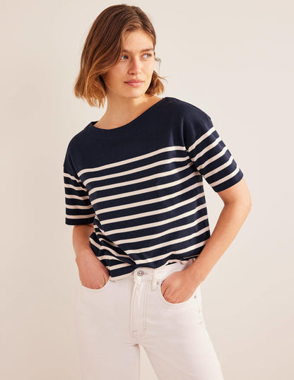 Boat Neck Striped T-Shirt-Navy/Ivory Stripe-4