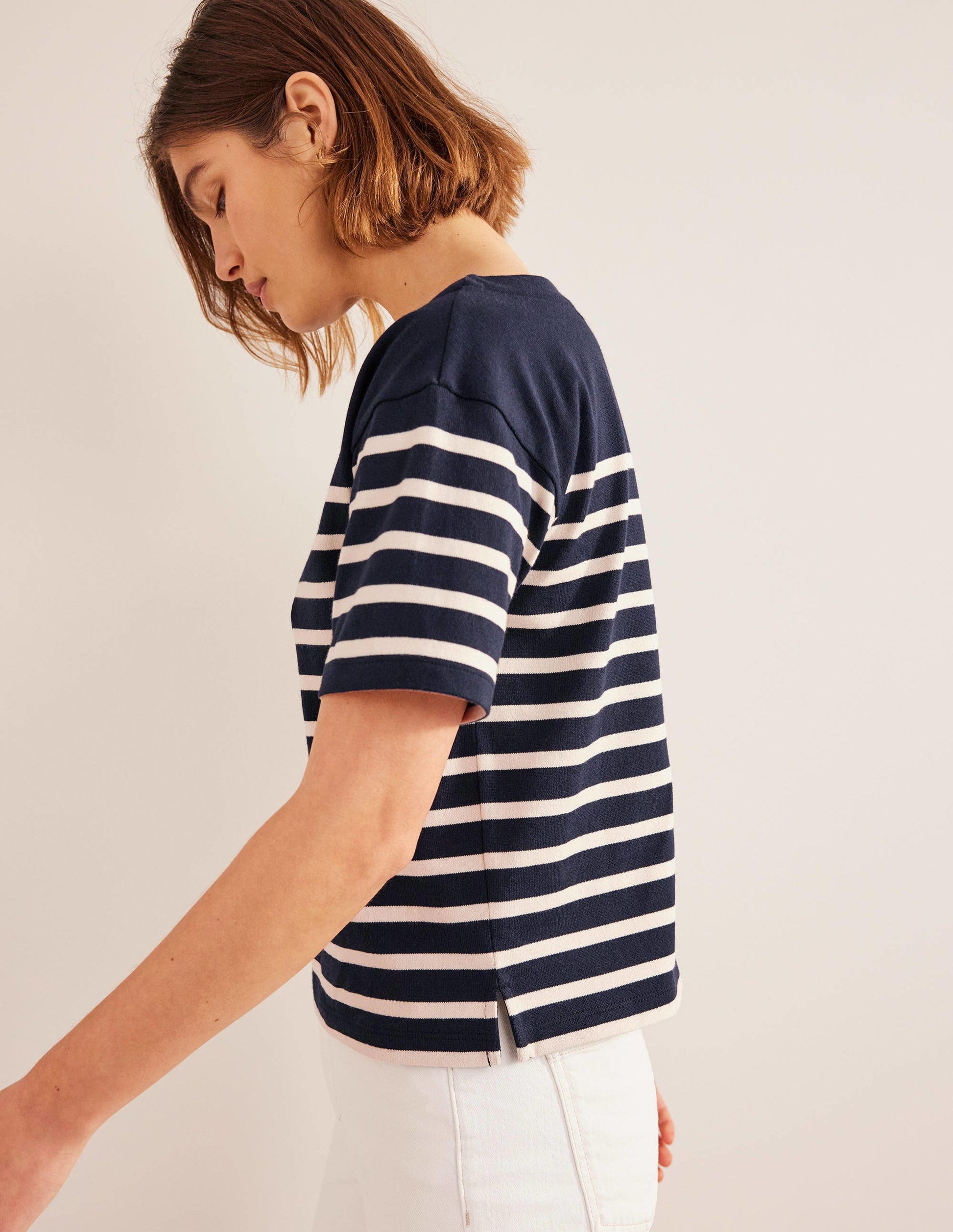 Boat Neck Striped T-Shirt-Navy/Ivory Stripe-5